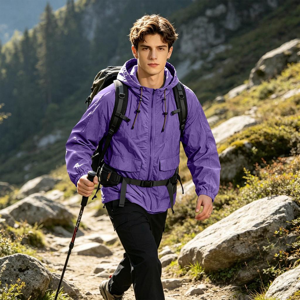 Men's Lightweight Sun Protection Jacket Breathable Outdoor Skin Coat with Hood Full Zip Front and Multiple Pockets for Sports and Casual Wear