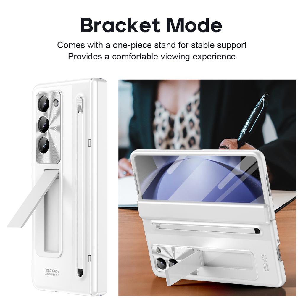 For Samsung Galaxy Z Fold5 5G Case Hinge PC Kickstand Phone Cover with Tempered Glass Film/Stylus