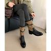 Songdo white tea~! Medium tube color matching knight boots belt buckle round head thick heel stacked short boots