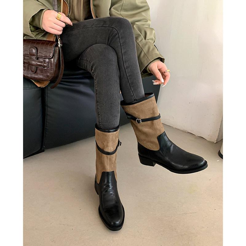 Songdo white tea~! Medium tube color matching knight boots belt buckle round head thick heel stacked short boots