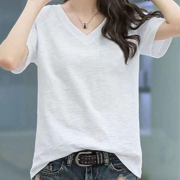Tricou de damă din Bumbac Bambus Viscoză Croială largă Decolteu în V Top casual Confortabil Respirabil Tricou de vară