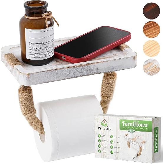 Farmhouse Toilet Paper Holder with Shelf Large, Nautical Rustic Rope for Beach Farmhouse Bathroom Decor Toilet Paper Roll Holder, Wood Bathroom