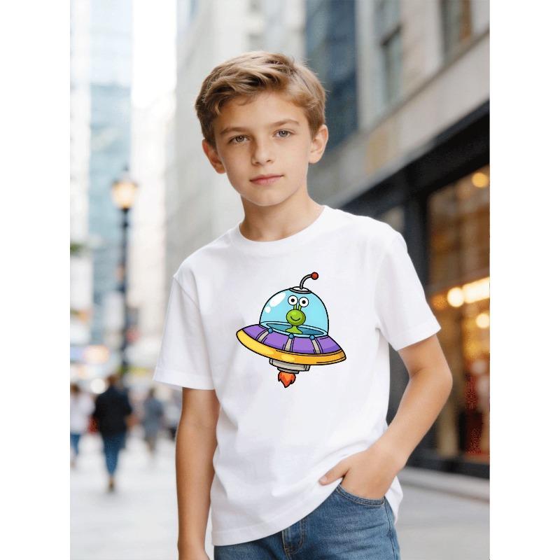 Boys Crew Neck Short Sleeve T-Shirt with Cartoon Alien, UFO, Spaceship & Rocket Print 110 белый