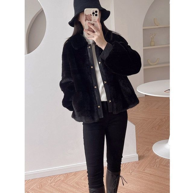 Autumn and Winter Imitation Fur Coat Female Danish Mink Cotton Thickened Coat Lapel Lantern Sleeve Thermal Top Looks Thin