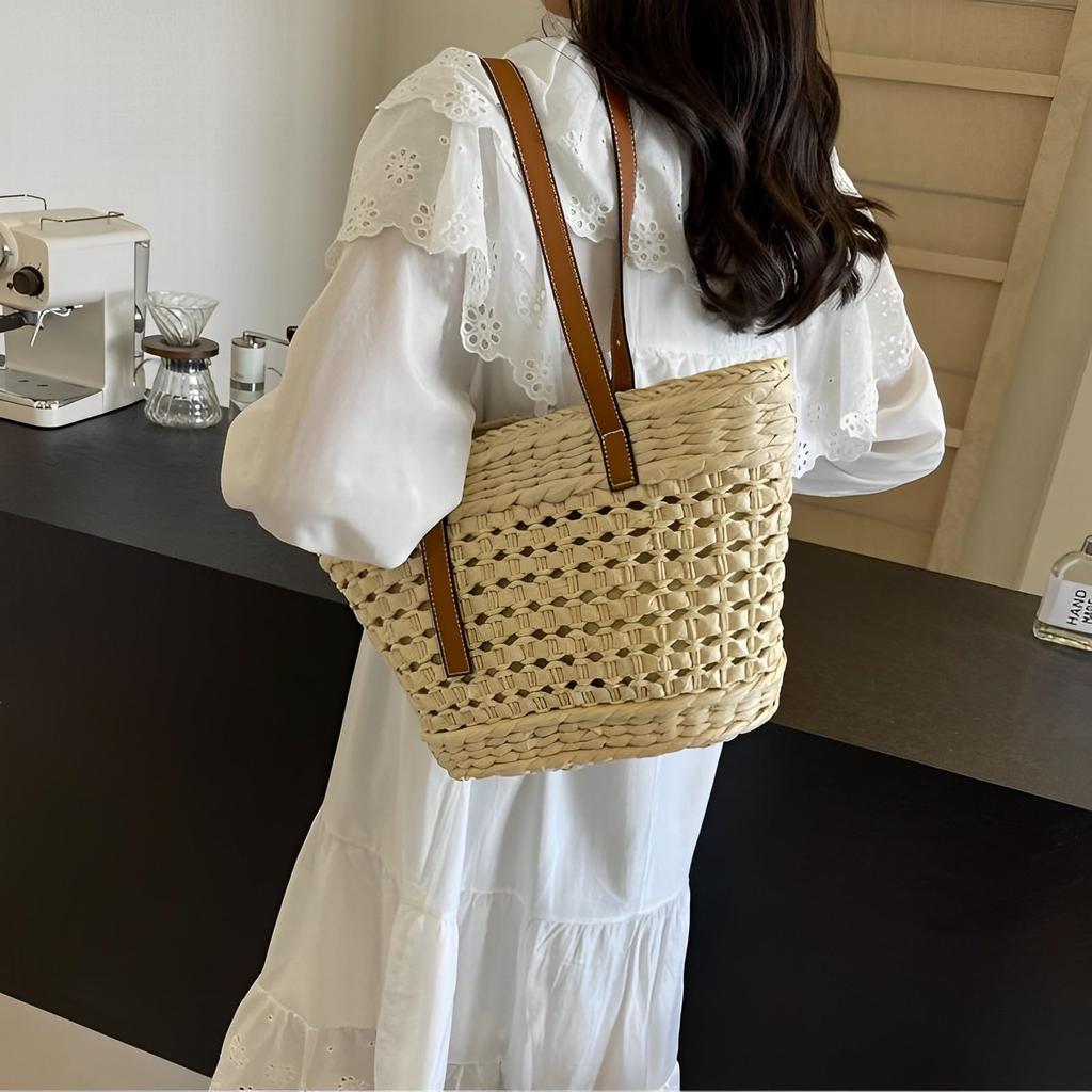 Magno Straw-Woven Tote Bag, Straw Bag, Women's Shoulder Tote Bag, Popular, Cute, Stylish, Stylish, Trendy, Korean, Plus Sizes, Simple, Casual (Beige)