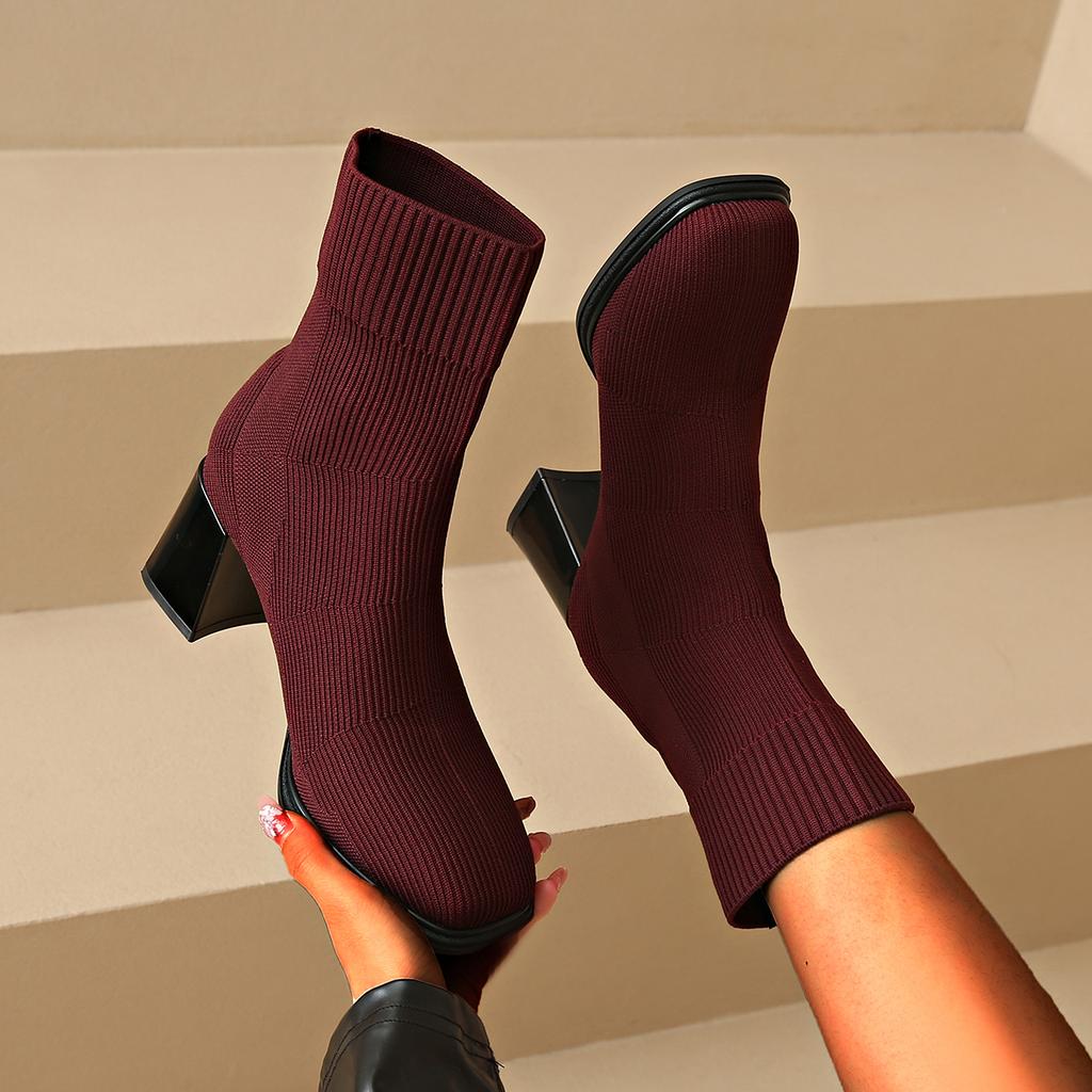 Fashion Aphixta Wine Red Cotton Fabric Women Ankle Boots 6.5cm High Heels Modern Boots Big Size42 Shoes Woman Boats Botines Para Mujeres