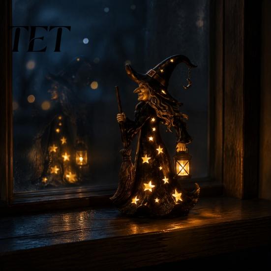 Spooky Home Holiday Decoration Halloween Witch Figurine with Star Light, Resin Tabletop Nightlight Lantern, Handcrafted Table Centerpiece Wizard