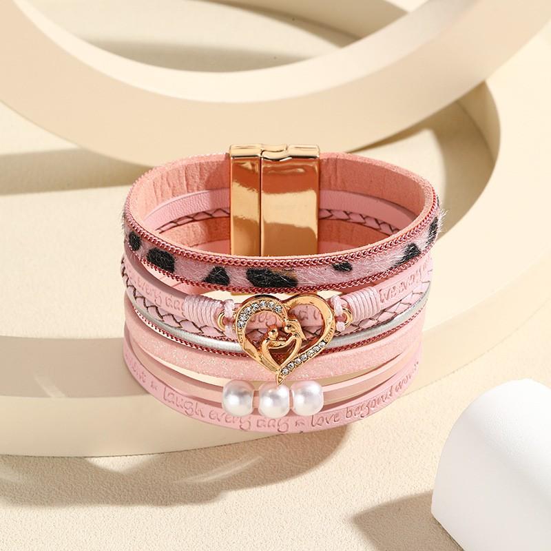 Boho Layered Leather Bracelet With Heart Charm Adjustable Opening Bangle Women Girls Fashion Accessory