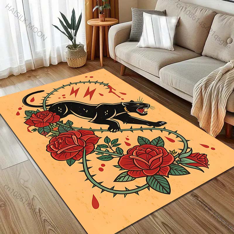 Black Panther and the Thorny Rose Print Carpet for Bedroom Living Room Bedside Sofa Floor Mat Modern Home Decor Area Rug