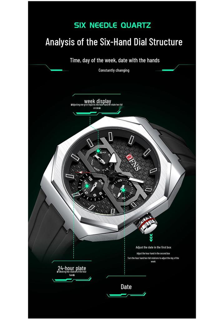 OFNS Men's Waterproof Octagonal Quartz Wristwatch with Large Dial & Three-Eye Six-Hand Design