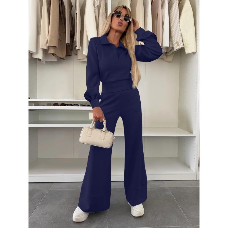 women's Solid Color Collared Long Sleeve Blouse High Waist Wide Leg Flare Pants 2 Piece Casual Tracksuit Set