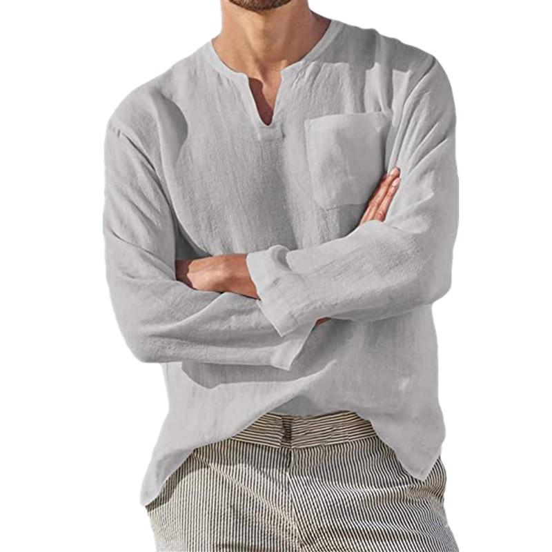 Cotton Linen Men Shirt Brief Breathable Comfy Solid Color Long Sleeve V-neck Casual Blouse Hawaiian Shirt Oversize Tops