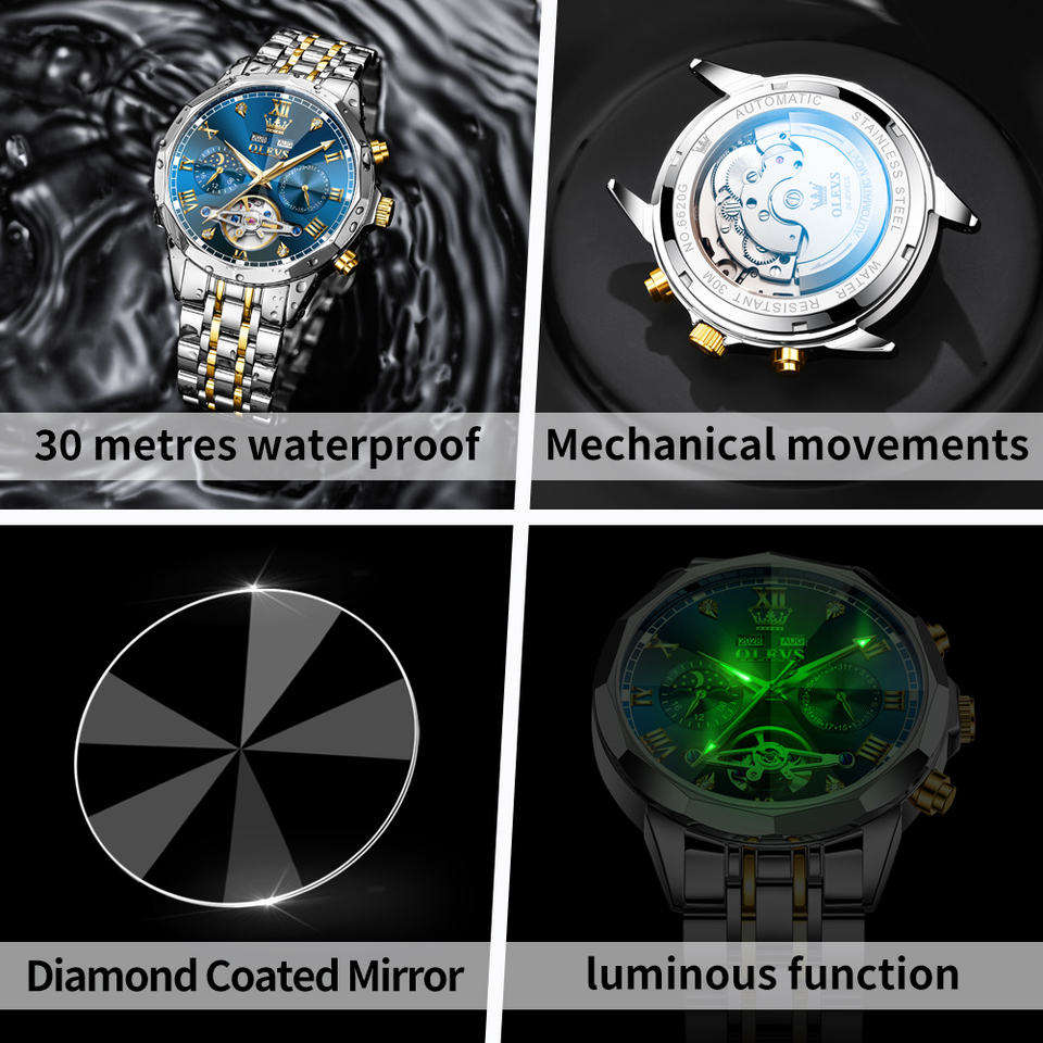 OLEVS 6620 Man Automatic Mechanical Watch Stainless Steel Band Waterproof Luminous Double Calendar Moon Phase Wristwatch for Men