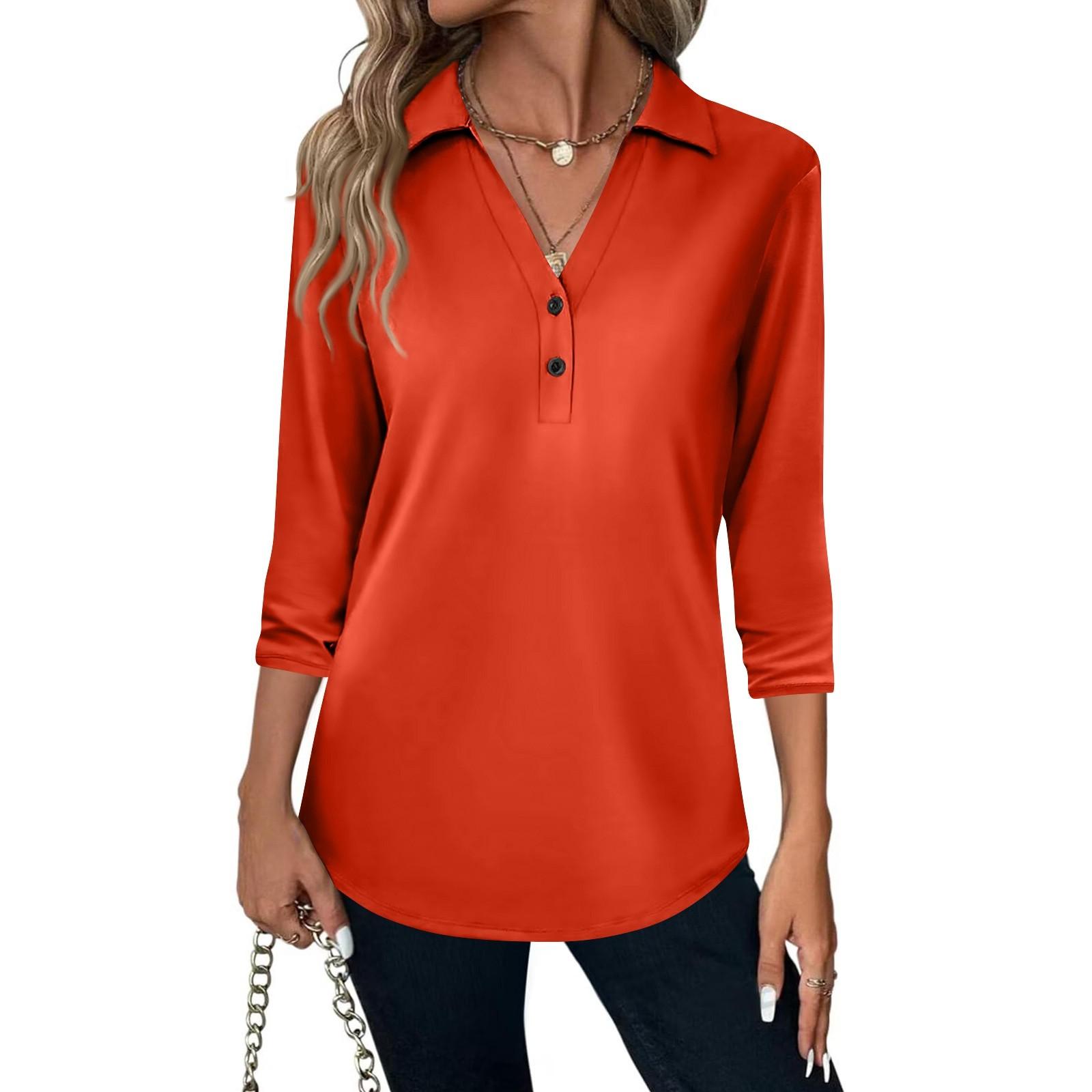 

Женская модная повседневная рубашка с лацканами и рукавом 3/4, однотонная, женские топы на пуговицах с V-образным вырезом XL киноварь