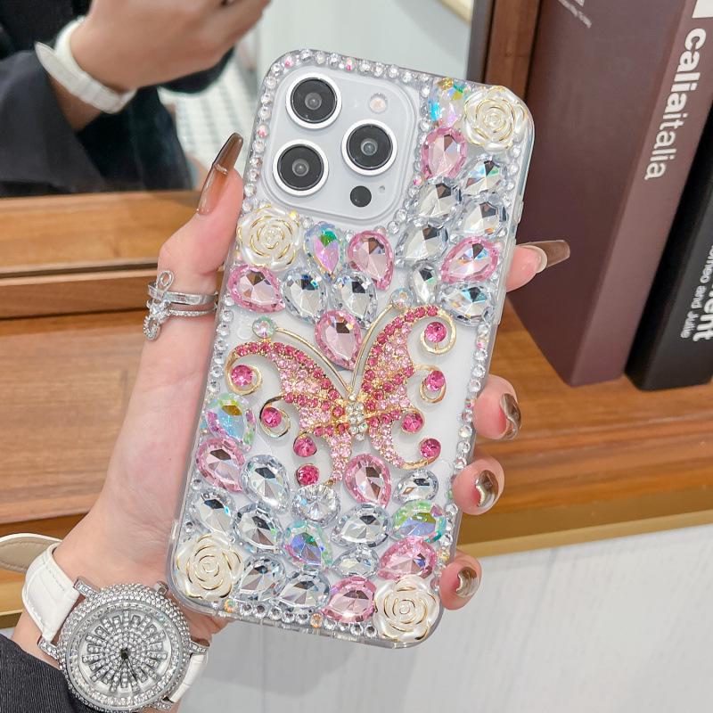 

Luxury Rhinestone Flower & Dragonfly iPhone Case for Apple 12-16 Pro, 13, 14, 15 with Bracelet iPhone 16 Pro Max