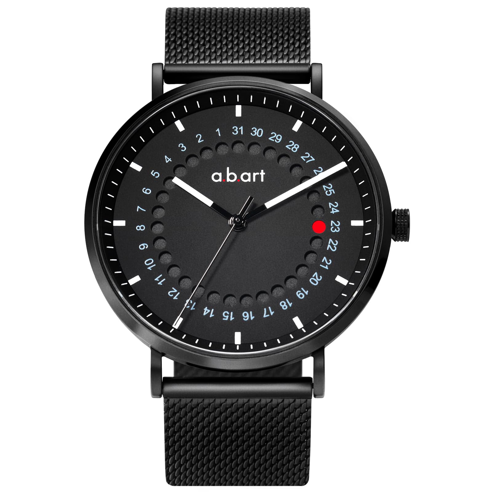 

a.b.art Men s Watch: Swiss Parts Movement, Sapphire Crystal, Black Dial, Stainless Steel Mesh Strap, Slim Design, Waterproof, Analog, Simple, Business