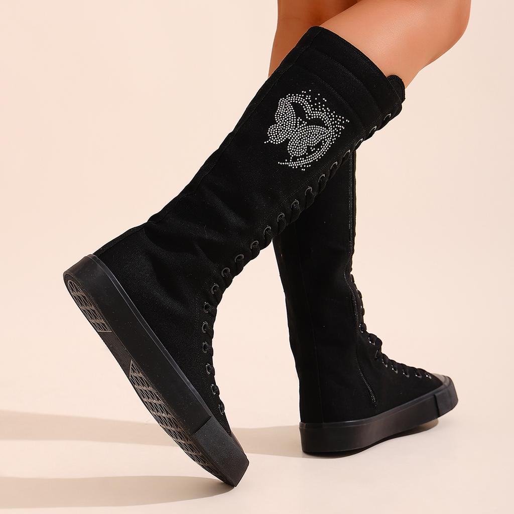 Women's long ankle boots, girls' fashionable and comfortable high-calf canvas boots, suitable for attending parties and daily outings