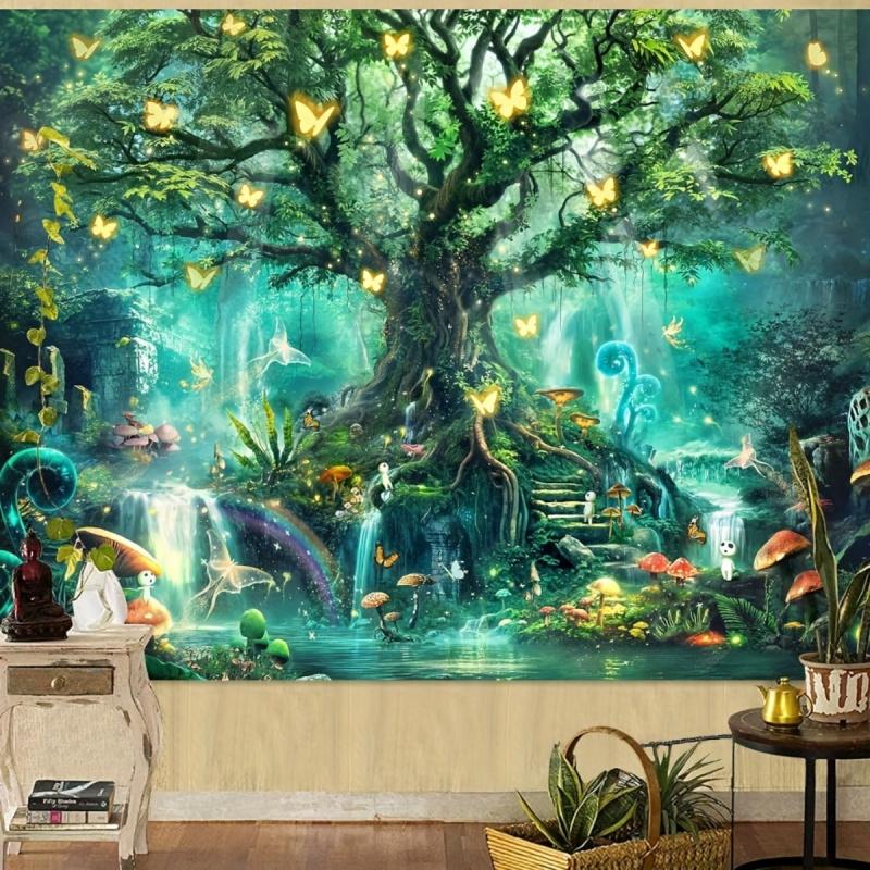 Bohemian Magic Tree of Life Tapestry with Luminous Mushrooms And Glowing Butterflies for Bedroom Party Wedding Wall Hanging 100X70CM