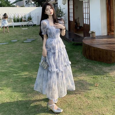 Vintage Square Neck Floral Dress with Bubble Sleeves, Summer Ruffle Hem Long Dress