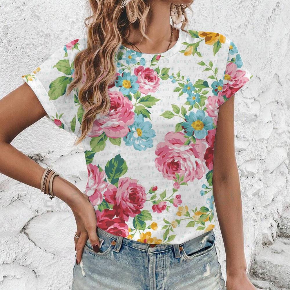 Vintage Flower Print High Quality T-shirt 2024 Casual Breathable Women's T-shirt New Elegant Fashion Loose Round Neck T-shirt