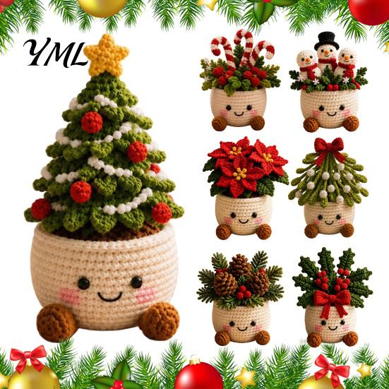 Decorative Yarn Craft for Home Simulated Crochet Christmas Potted Decor, Knitted Mini Artificial Tree Flower Durable Plants Ornament, Cute Festive