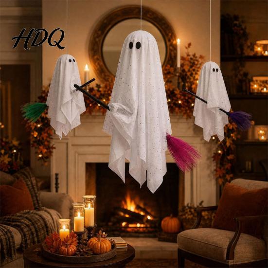 Decorative Ghost for Trees 3 Pcs Halloween Decorations Spooky Hanging with Broom Cozy Glow Lighting Large Flying White Tree Porch Yard Patio