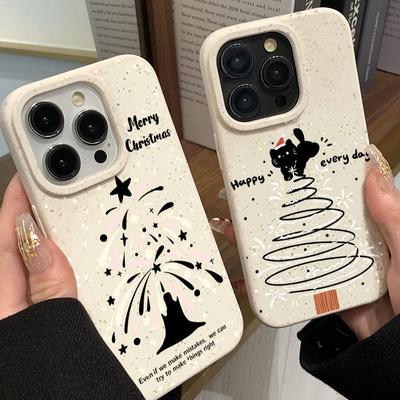 Marry Christmas Tree Cartoon Cute Cat Phone Case For iPhone 16 15 14 13 12 11 Pro Max X XR XS 7 8 15 Plus SE Christmas Pattern Shockproof Phone Cover