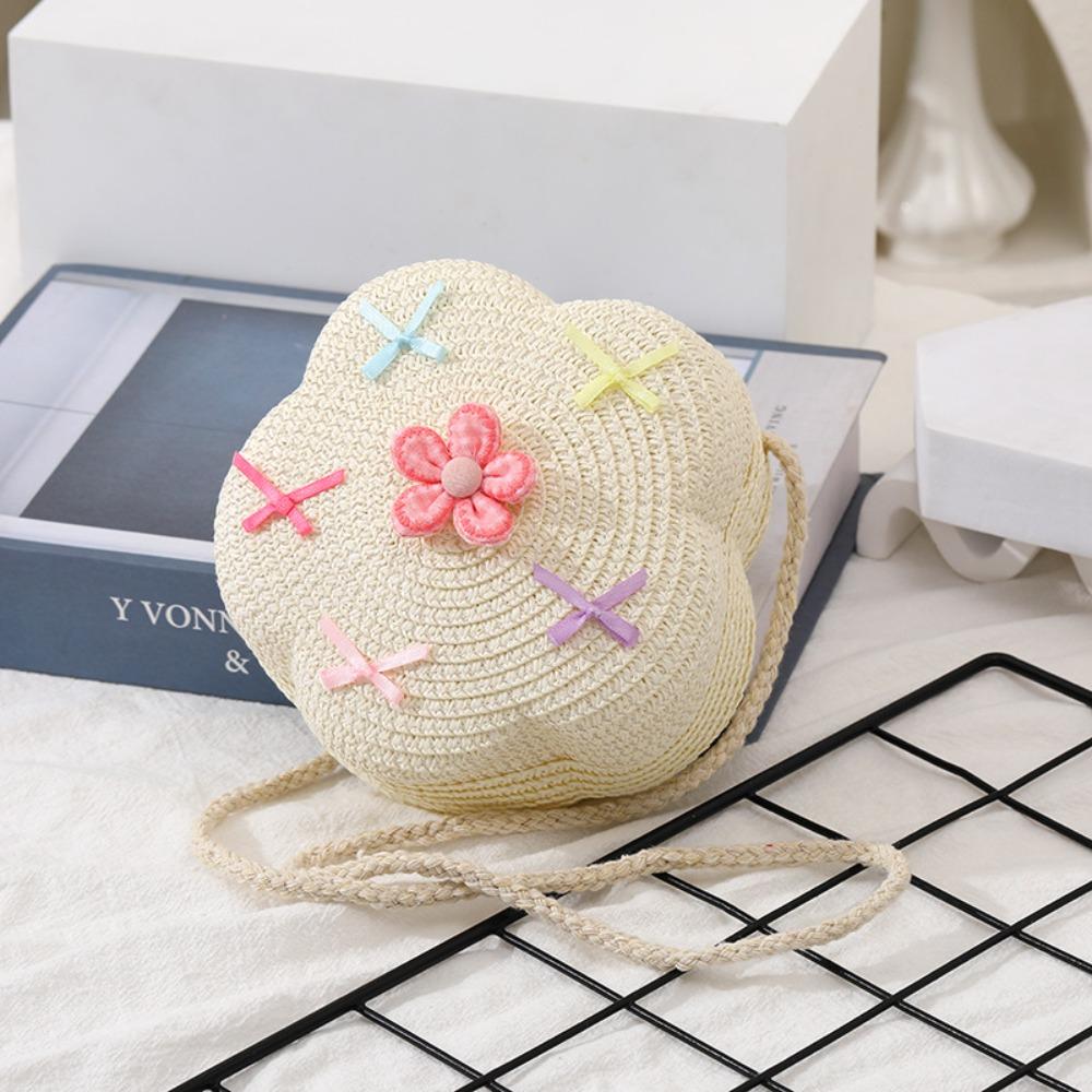 Cute Children Girls Shoulder Bag Flower Bow Handmade Straw Baby Bags Messenger Bag Kids Keys Coin Purse Cute Mini