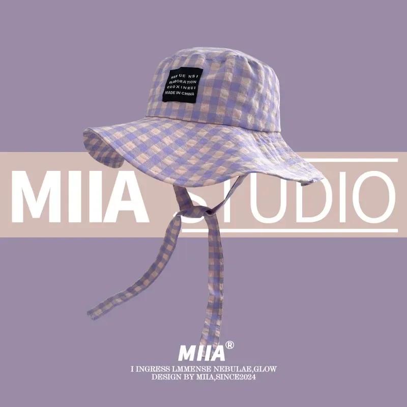 Ins Popular Niche Retro Plaid Strap Bucket Hat Spring Summer Travel Versatile Fashion Wide Brim Sun Protection Women'S Sun Caps