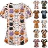 Kvindelig V-hals Kortærmet Kittel med Dobbeltlomme Halloween Print til Uniform