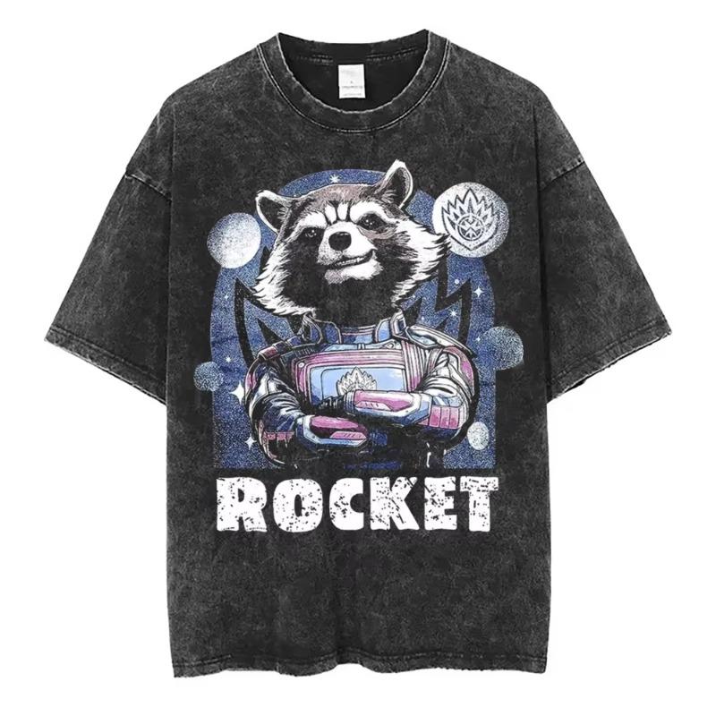 Washed Black T - Shirt Raccoon Graphic Short-Sleeve Tee Retro Grunge Streetwear for Cartoon Punk