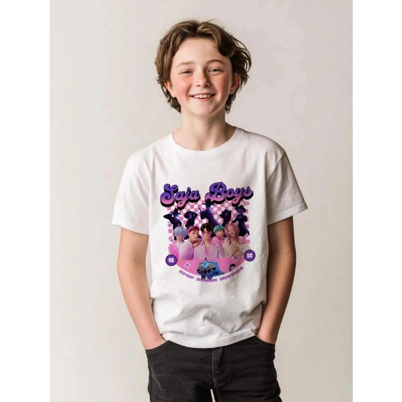 Vintage KPop Demon Hunters Print T-Shirt Korean Anime Short Sleeve Tee Summer Girl Boy Shirt Casual Tops Crewneck Clothing