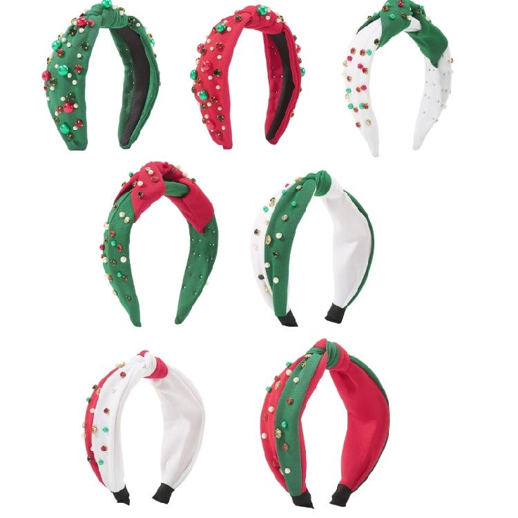 Kids Hair Hoop Red Glossy Beads Crystal Headband Red Green for Christmas Party