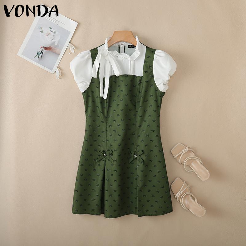 VONDA Women College Style Ruffled Neck Bow Knot Polka Dots Patchwork Pleated Dress