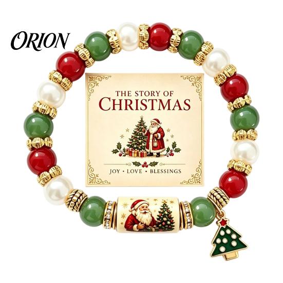 Santa Claus Charm Accessory Christmas Bracelets for Women, Beaded Stretch Bracelet with Party Decorative Card, Holiday Jewelry Gift Stocking Stuffers,