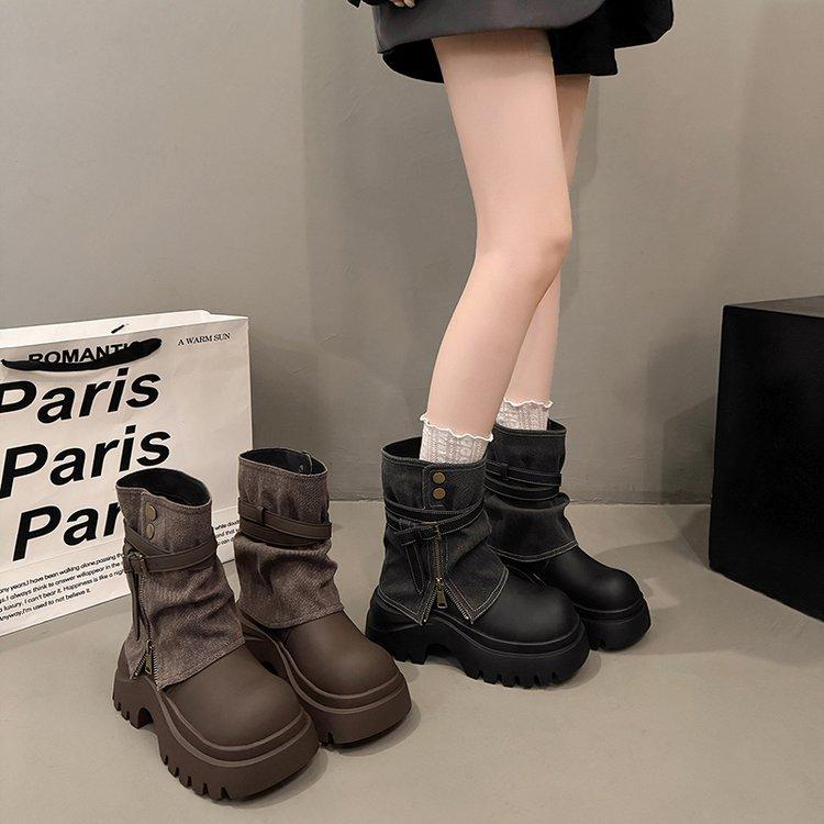 Cowhide version~ thick-soled Martin boots women's British style leather spice girls medium tube cowboy western trouser boots niche short boots