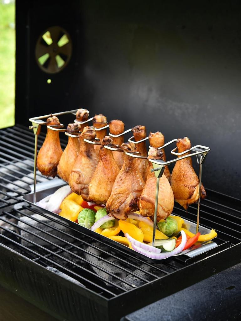 Griglia per Cosce di Pollo da Griglia con Vaschetta Raccogli Gocce - Griglia per Ali di Pollo a 14 Fessure - Griglia Premium in Acciaio Inossidabile per Cosce di Pollo per Affumicatore