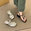French temperament silver rhinestone square toe low heel sandals women's 2025 new summer skirt Roman sandals