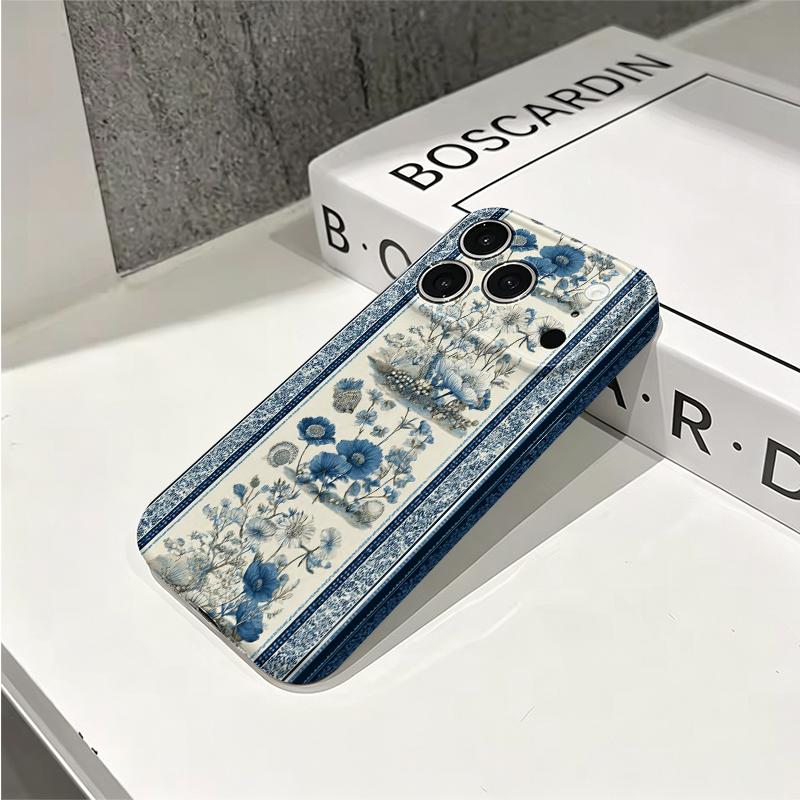 Classic Blue White Border Botanical Art Graphic Film Aesthetic Protective Shockproof Bumper Phone Case For iPhone 13 14 15 16 17 Pro Max Plus