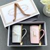 Nordic Ceramic Couple Mug with Lid and Spoon - Stone Pattern Gift Cup for Company Events
