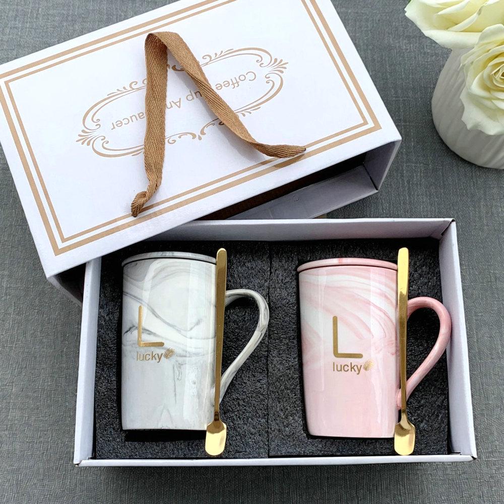 Nordic Ceramic Couple Mug with Lid and Spoon - Stone Pattern Gift Cup for Company Events