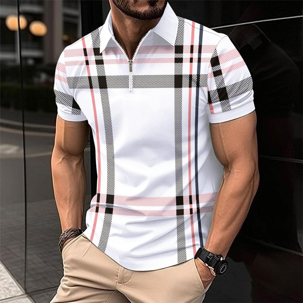 Summer Men s Printed Checkered Stripe Polo Shirt Zipper Sports Polo Shirt S