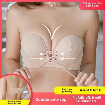 Gathered Strapless Bra for Small Bust, Non-Slip, Thickened, Invisible Bra for Wedding Dress, Enhancing, Beautiful Back Design