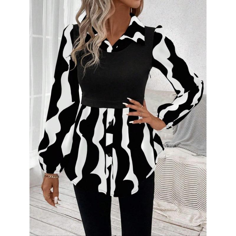 Women's Blouse Bubble Sleeve Temperament Casual Colorblocking Blouse