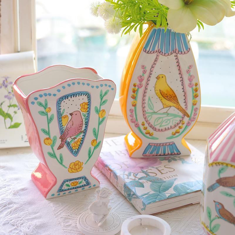 Nightingale and Rose Ceramic Vase: High-End Pastoral Flowers & Birds Ornament for Living Room