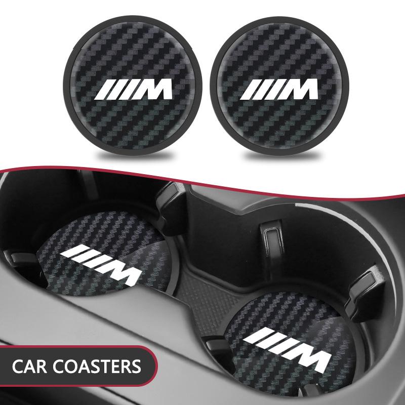 2pcs Carbon Fiber Non-slip Water Cup Mat Car Accessories Silent Coaster For BMW M Emblem E46 E36 E34 F10 E90 F30 E60 F30 E53 E30