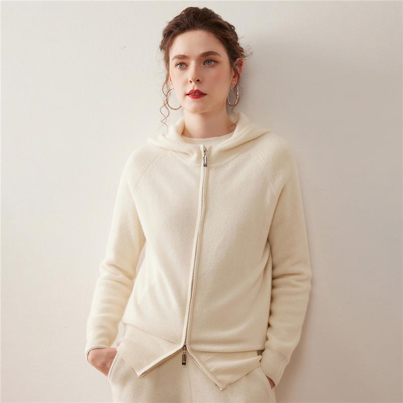 Women's Hooded Double Zipper Cashmere Sweater - Autumn/Winter Solid Color Knit Cardigan, Long Sleeve Casual Commute Style