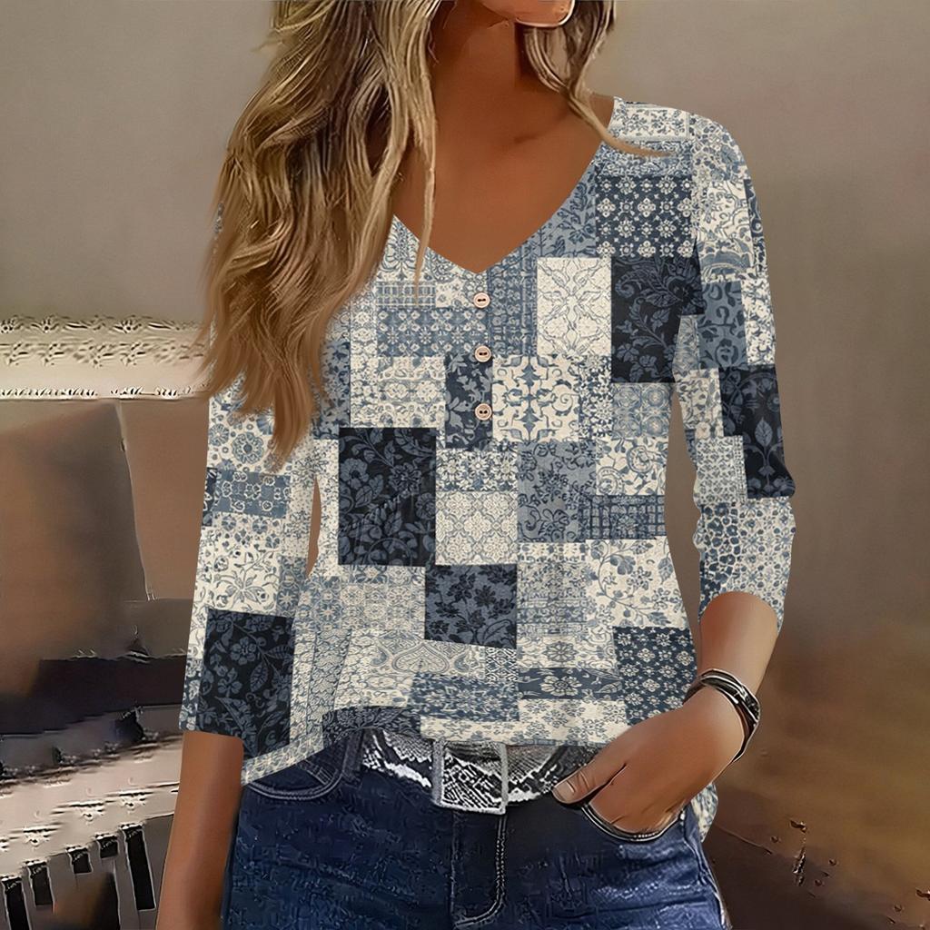 Womens 3/4 Sleeve V Neck Button Detail Geometric Floral Print Tunic Top Casual Lightweight Blouse