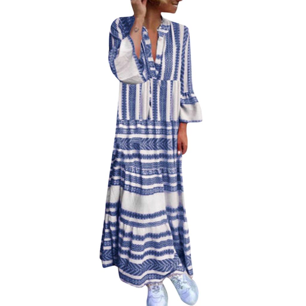 Fashion Women Summer Printed V Neck  Long Dresses Bohemian Dresses