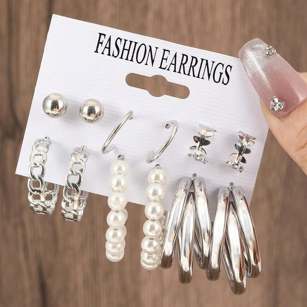 European and American style metal earrings square geometric earrings retro imitation pearl earrings Hepburn style earrings set